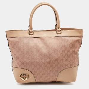 Pre Owned Gucci Beige/Metallic Pink Leather and GG Canvas Heart Interlocking G Tote