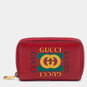 Gucci Red Leather Logo Print Zip Compact Wallet