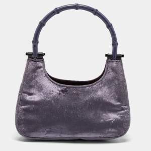 Pre Owned Gucci Purple Velvet Bamboo Top Handle Bag