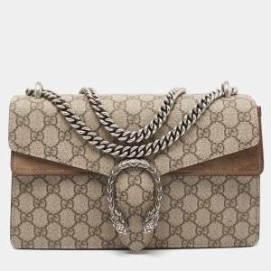 Pre Owned Gucci Beige GG Supreme Canvas and Suede Small Dionysus Shoulder Bag