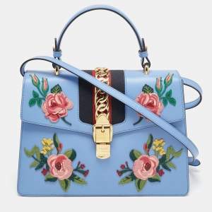 Pre Owned Gucci Blue Floral Embroidered Leather Medium Sylvie Top Handle Bag