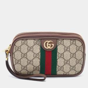 Pre Owned Gucci Beige/Brown GG Supreme Canvas and Leather Ophidia Wristlet