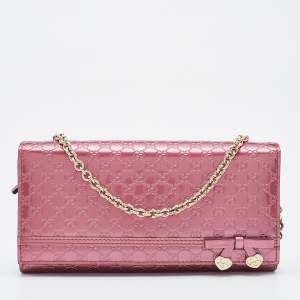 Pre Owned Gucci Pink Microguccissima Patent Leather Long Wallet on Chain