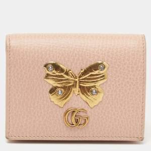 Gucci Light Pink Leather Butterfly Embellished Flap Card Case 