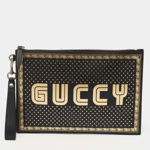 Gucci Black/Gold Leather Guccy Zip Wristlet Pouch