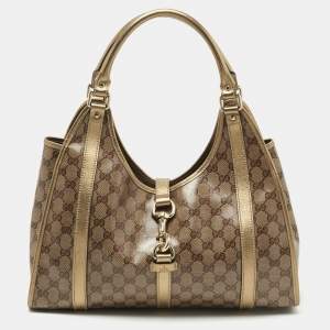 Pre Owned Gucci Gold/Beige GG Crystal Canvas and Leather Medium Joy Shoulder Bag