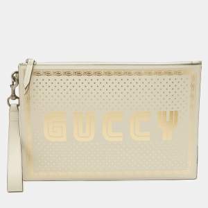 Gucci Off White/Gold Leather Guccy Zip Wristlet Pouch