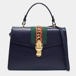 Pre Owned Gucci Blue Leather Medium Sylvie Top Handle Bag