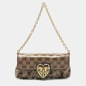Pre Owned Gucci Beige GG Crystal Canvas Babouska Heart Chain Clutch