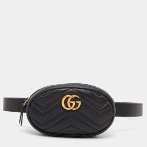 Pre Owned Gucci Black Matelassé Leather GG Marmont Belt Bag
