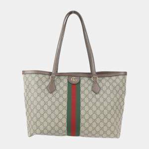 Pre Owned Gucci Beige Coated Canvas Leather Medium GG Ophidia Tote Bag 