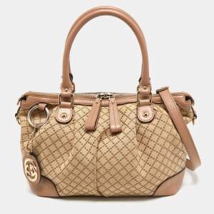 Pre Owned Gucci Pink/Beige Diamante Canvas and Leather Sukey Tote