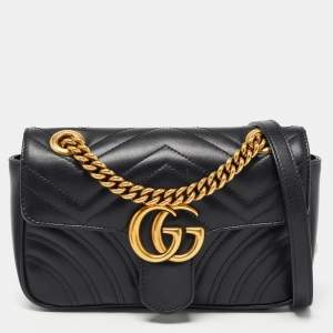 Gucci Black Matelassé Leather Mini GG Marmont Shoulder Bag