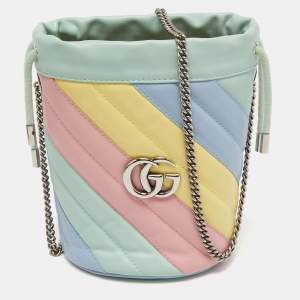 Gucci Multicolor Diagonal Leather Mini GG Marmont Torchon Bucket Bag      