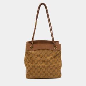 Pre Owned Gucci Beige GG Canvas and Leather Braided Handle Tote