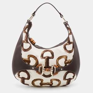 Pre Owned Gucci Brown/Off White Bamboo Horsebit Print Canvas Amalfi Hobo