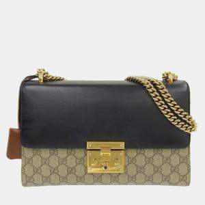 Gucci Beige/Brown Coated Canvas Leather GG Supreme Padlock Shoulder Bag