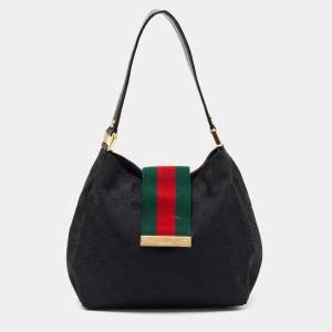Pre Owned Gucci Black GG Canvas New Ladies Web Hobo