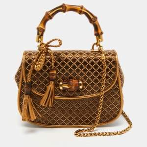 Pre Owned Gucci Brown/Gold Diamante Fabric and Leather Bamboo Crossbody Bag