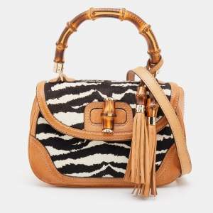 Pre Owned Gucci Brown Zebra Print Calf Hair and Leather Bamboo Top Handle Bag