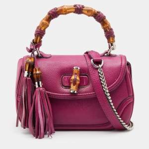 Pre Owned Gucci Pink Leather New Bamboo Top Handle Bag