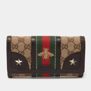 Gucci Brown/Beige Canvas and Leather Bee Web Continental Wallet 
