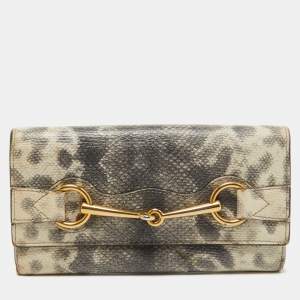 Gucci Off White/Grey Karung Leather Horsebit Continental Wallet