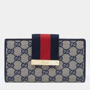 Gucci Blue/Beige GG Canvas and Leather Web Flap Continental Wallet