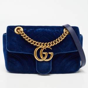 Gucci Blue Matelasse Velvet Mini GG Marmont Shoulder Bag