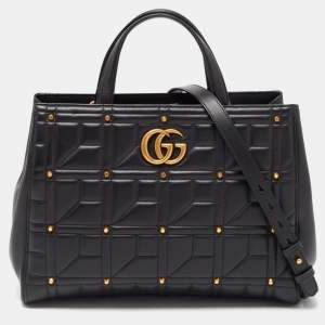Pre Owned Gucci Black  Matelassé Leather Medium GG Marmont Tote