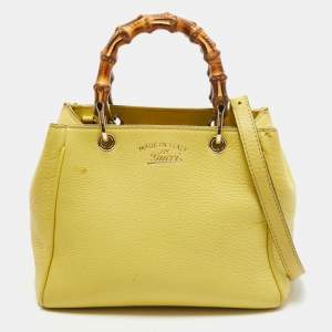 Pre Owned Gucci Yellow Leather Mini Bamboo Tote