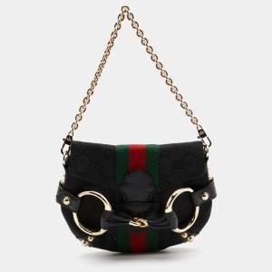 مملوكة مسبقًا Gucci Black GG Canvas and Leather Horsebit Chain Shoulder Bag