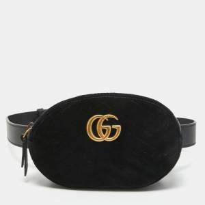 Pre Owned Gucci Black Matelassé Velvet GG Marmont Belt Bag
