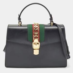 Pre Owned Gucci Black Leather Medium Sylvie Top Handle Bag