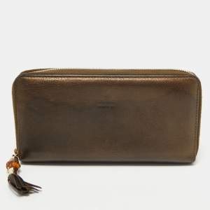 Gucci Metallic Leather Bamboo Tassel Zip Around Wallet