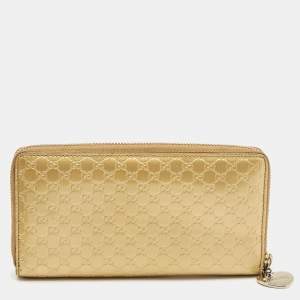 Gucci Gold Microguccissima Patent Leather Zip Around Wallet