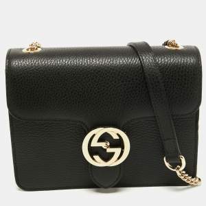 Pre Owned Gucci Black Leather Dollar Interlocking G Crossbody Bag