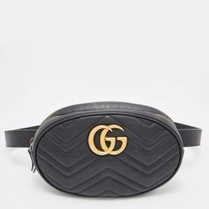 Gucci Black Matelassé Leather GG Marmont Belt Bag