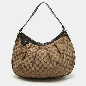 Pre Owned Gucci Beige/Black GG Canvas and Leather Medium Sukey Hobo