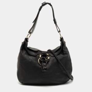 Pre Owned Gucci Black Leather and Crocodile Medium G Wave Hobo