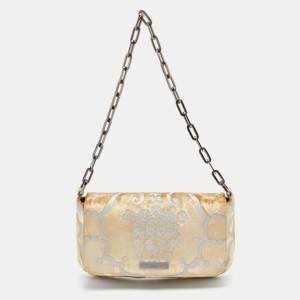 Gucci Beige/Grey Brocade Velvet Chain Flap Shoulder Bag