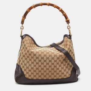 Pre Owned Gucci Beige/Ebony GG Canvas and Leather Bamboo Shoulder Bag