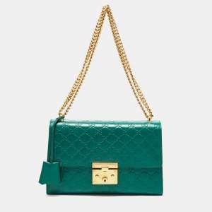 Pre Owned Gucci Green Guccissima Leather Medium Padlock Shoulder Bag