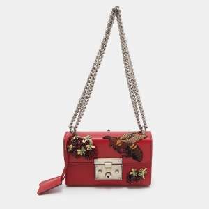 Pre Owned Gucci Red Sequin & Beaded Embellished Leather Small Padlock Shoulder Bag