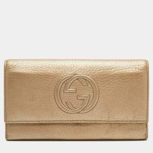 Gucci Metallic Beige Leather Soho Flap Continental Wallet