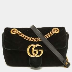 Gucci Black Matelasse Velvet Mini GG Marmont Shoulder Bag