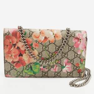 Gucci Multicolor Blooms Print GG Supreme Canvas and Leather Wallet on Chain