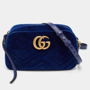 Gucci Blue Matelassé Velvet Small GG Marmont Shoulder Bag