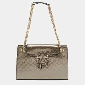 Pre Owned Gucci Gun Metal Guccissima Patent Leather Large Emily Chain Shoulder Bag
