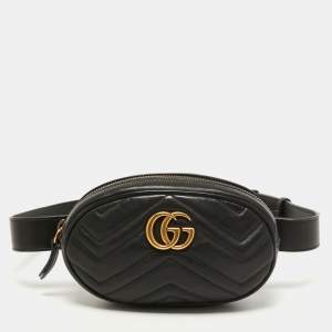 Pre Owned Gucci Black Matelassé Leather GG Marmont Belt Bag
